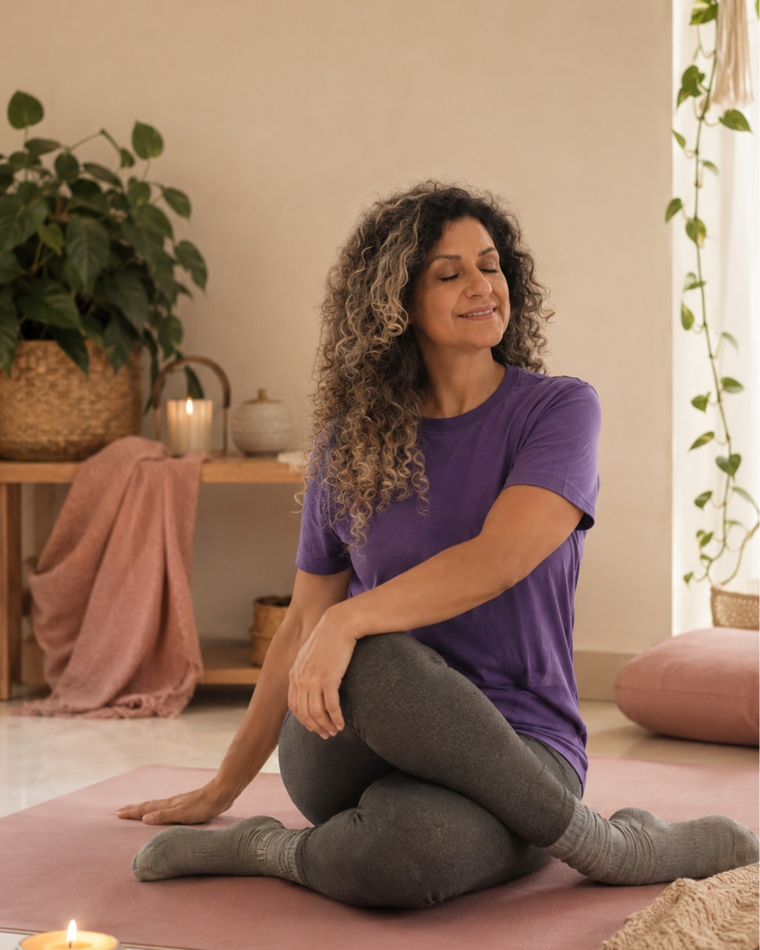 Noe sentada en calma sobre su mat de yoga