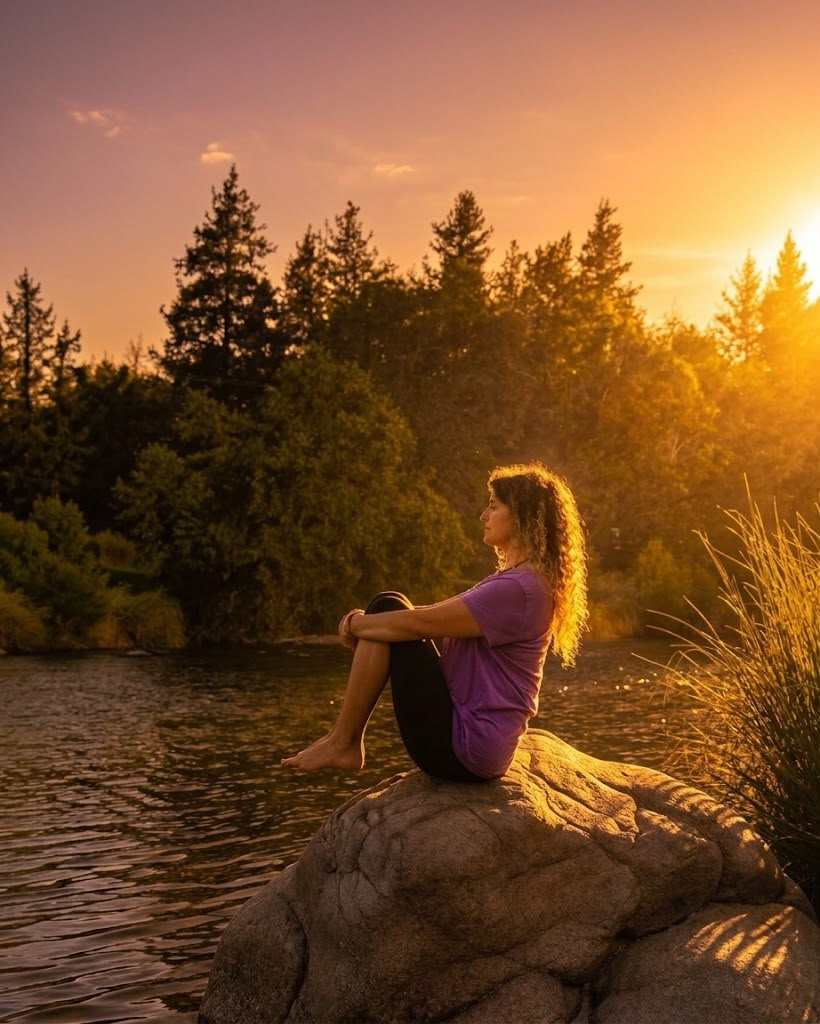 Noe sentada sobre una piedra junto al río, al atardecer, rodeada de monte serrano
