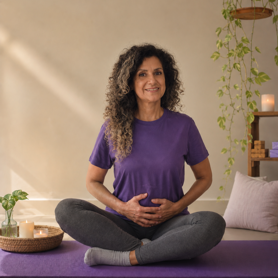 Noe sentada sobre un mat, en una sesión de yoga